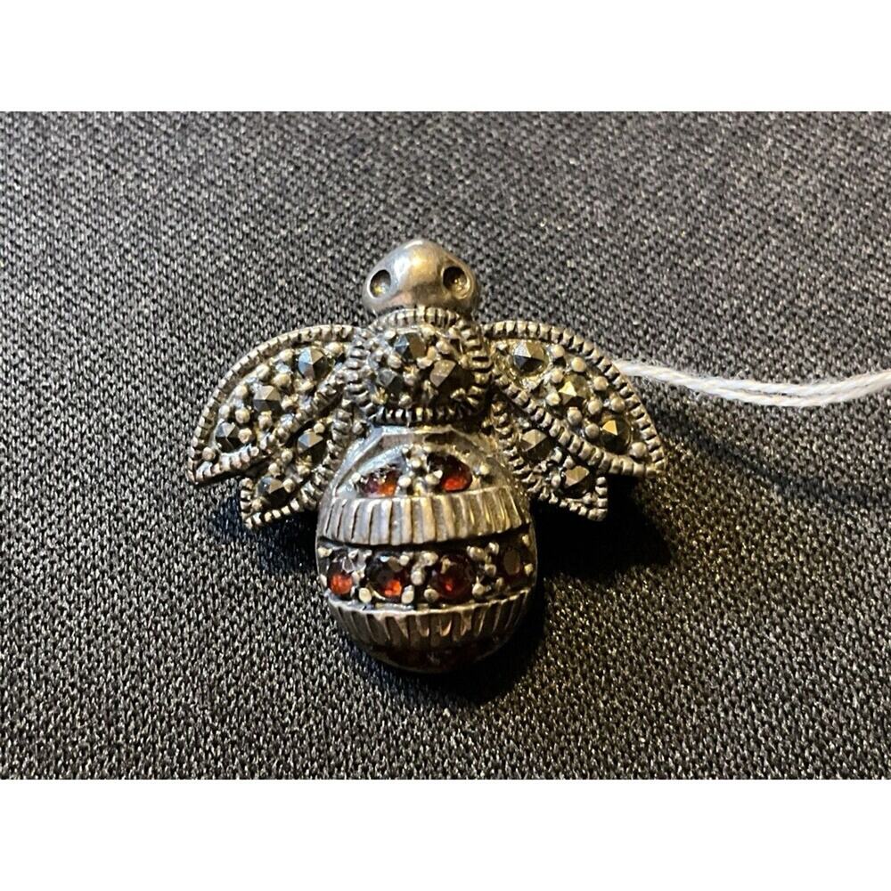 925 Sterling Silver Ruby and Marcasite Brooch